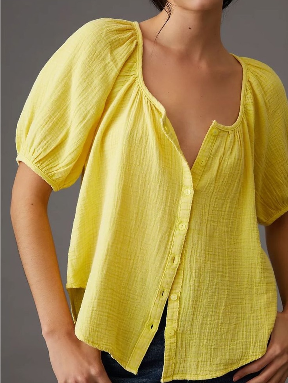 Anthropologie Pilcro Yellow Button-Front Puff Sleeve Gauze Blouse S